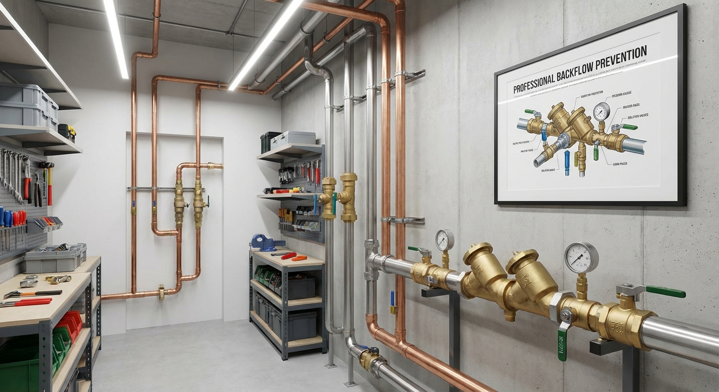 Industrial water pipes and brass fittings in a utility room