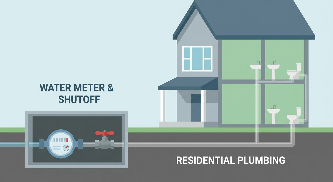 Water meter and shutoff valve near residential property