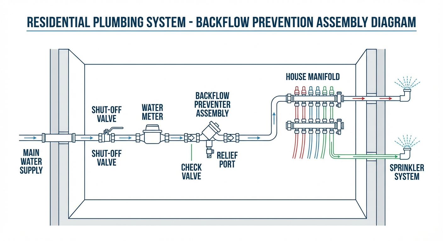 Plumbing system showing backflow prevention, clean