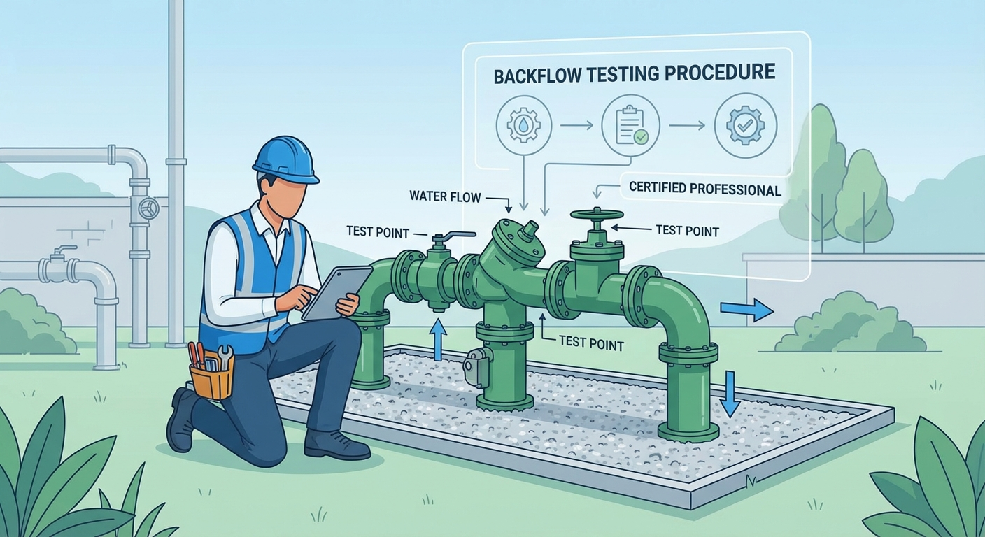 Certified backflow tester inspecting a backflow prevention device outdoors