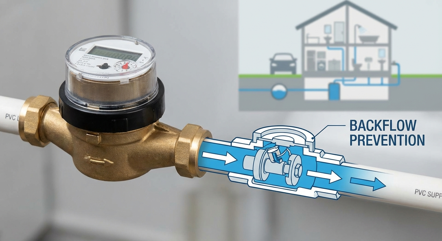 Close-up of residential water meter and supply line connection