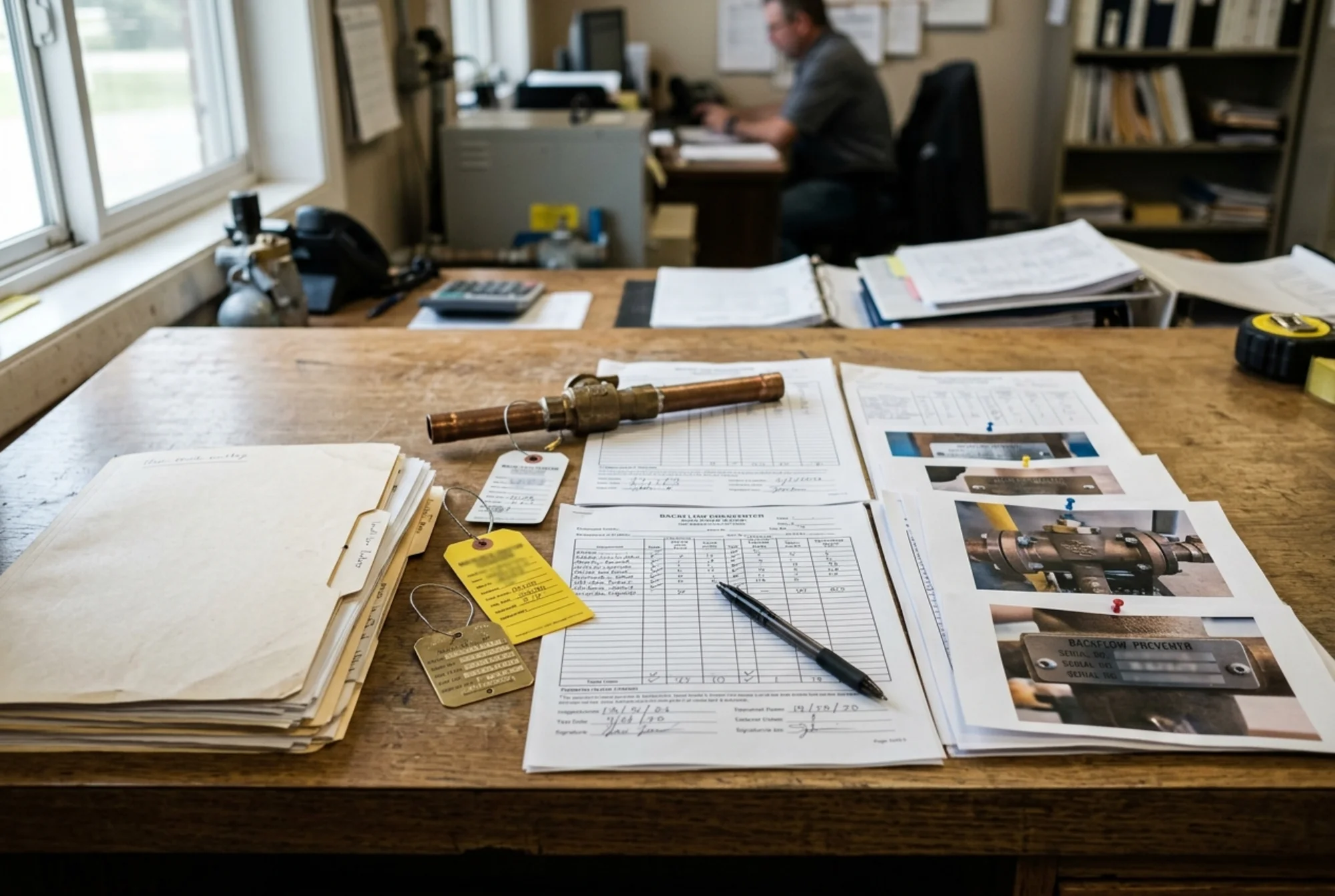 Backflow compliance paperwork, valve tags, and serial number photos on a desk