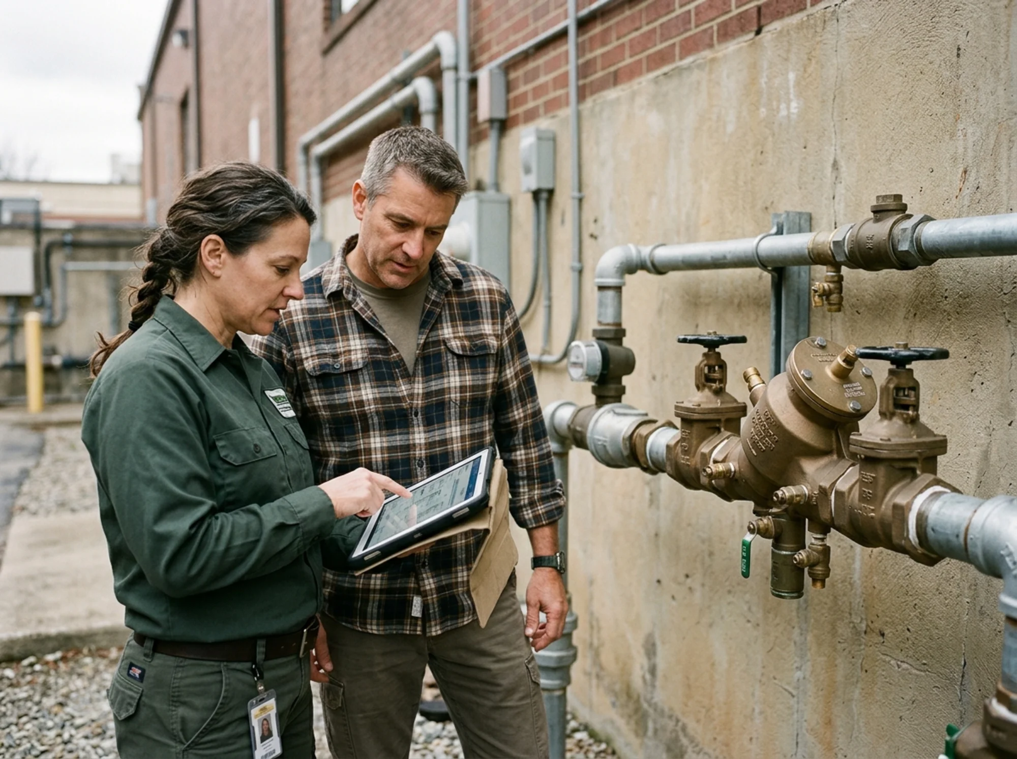 Property owner and certified tester reviewing updated backflow records beside an assembly