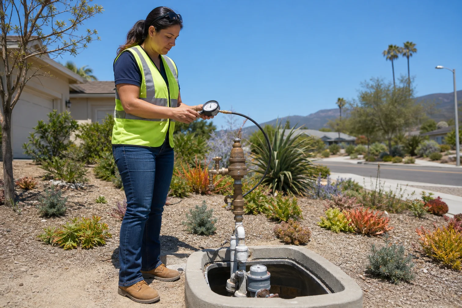A certified tester inspecting a backflow prevention assembly on a commercial water line in California