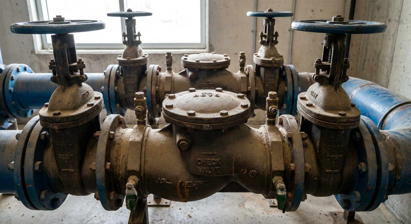 Certified tester inspecting backflow prevention device during annual test