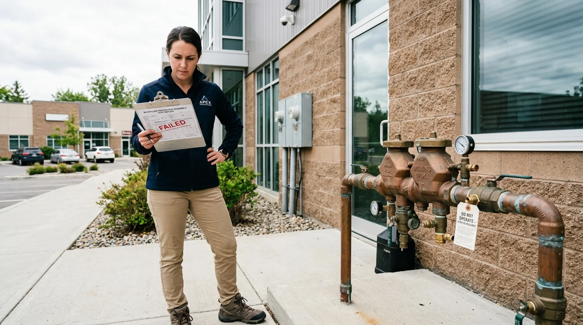 property manager reviewing a failed backflow test report beside an outdoor backflow assembly