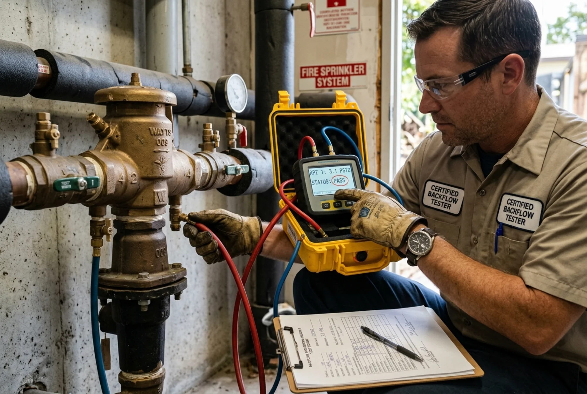 Close-up of a certified backflow tester connecting differential pressure gauges to a brass backflow preventer while pointing to the test report readings