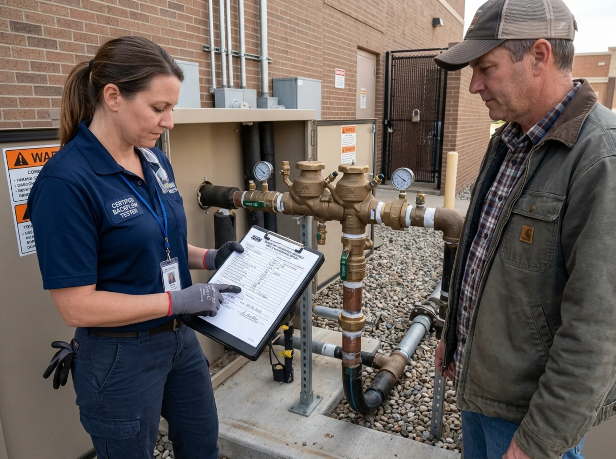 Property owner and certified backflow tester reviewing a passing retest form after repair beside a commercial backflow assembly with utility paperwork on a clipboard