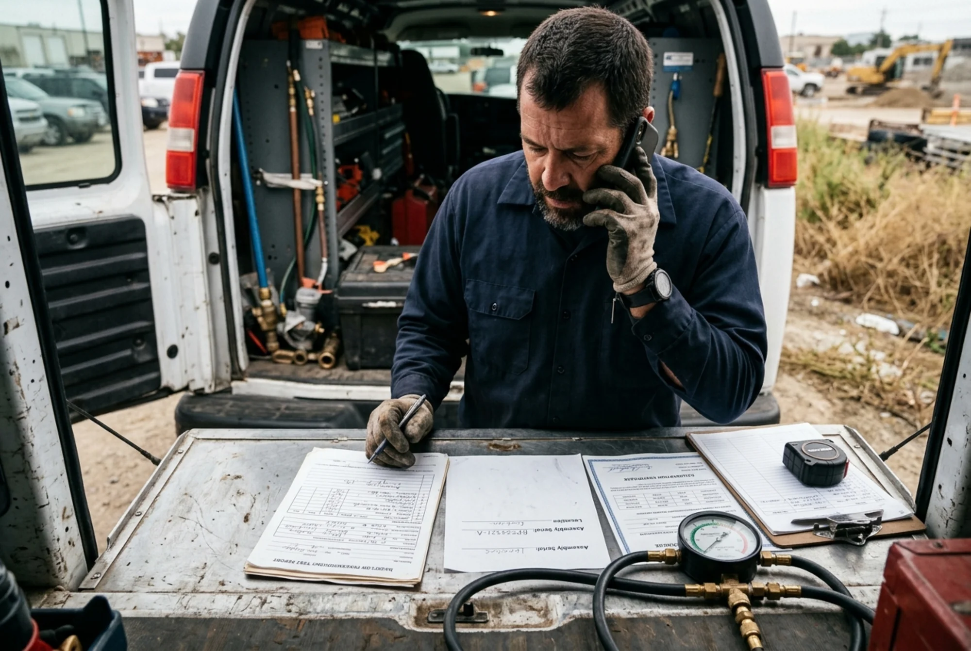 Realistic close-up photo of a certified backflow tester on a phone confirming appointment details while reviewing a previous test report, assembly serial information, and gauge calibration paperwork on the tailgate of a service van, natural lighting, no visible logos or text overlay
