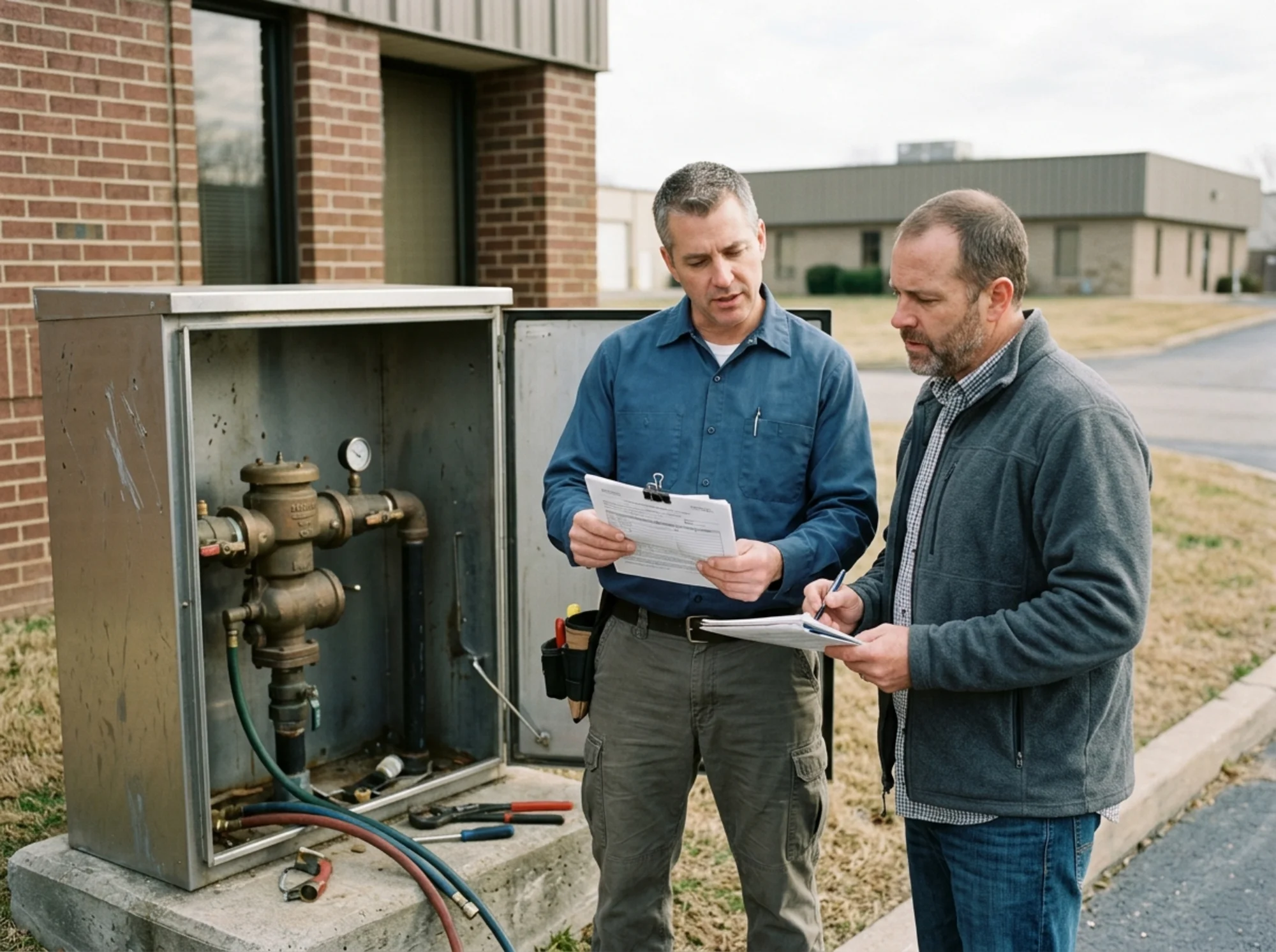 Documentary-style realistic photo of a property owner and backflow tester reviewing a completed field test report, utility notice, and schedule for a follow-up repair beside an outdoor assembly cabinet, natural daylight, no logos or text