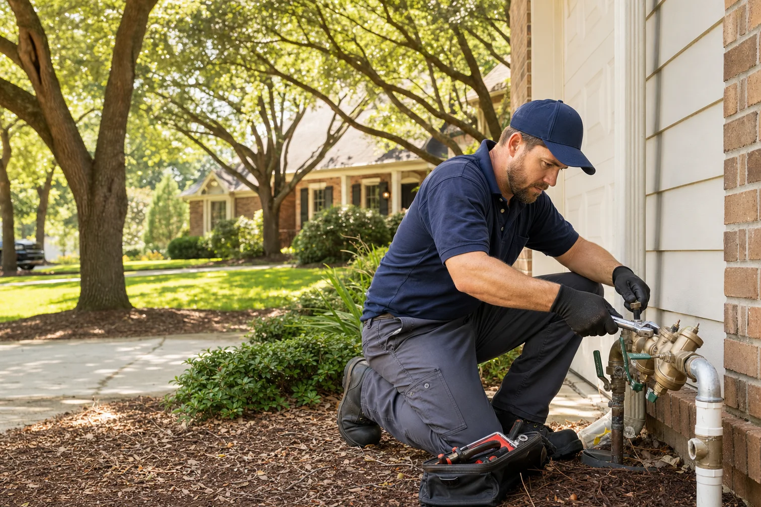 Certified technician testing a backflow prevention assembly on an irrigation line outside an Atlanta-area commercial property