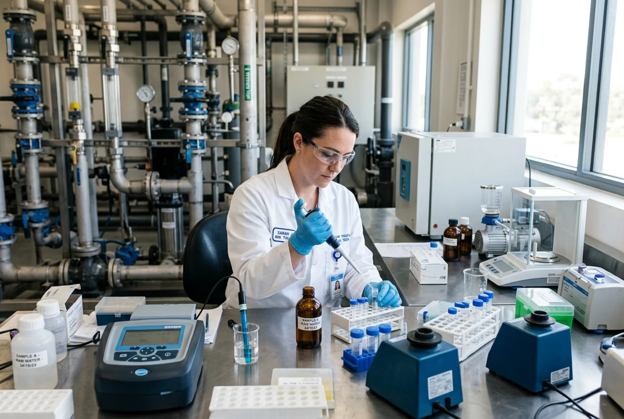Laboratory technician testing water samples for contamination with various testing equipment and col