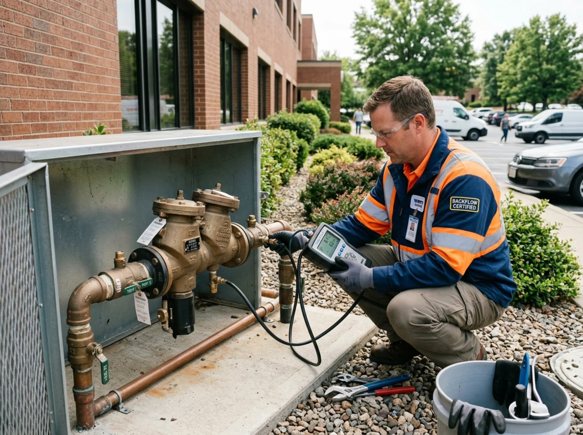 Certified backflow tester using digital testing equipment on an RPZ assembly outside a commercial bu