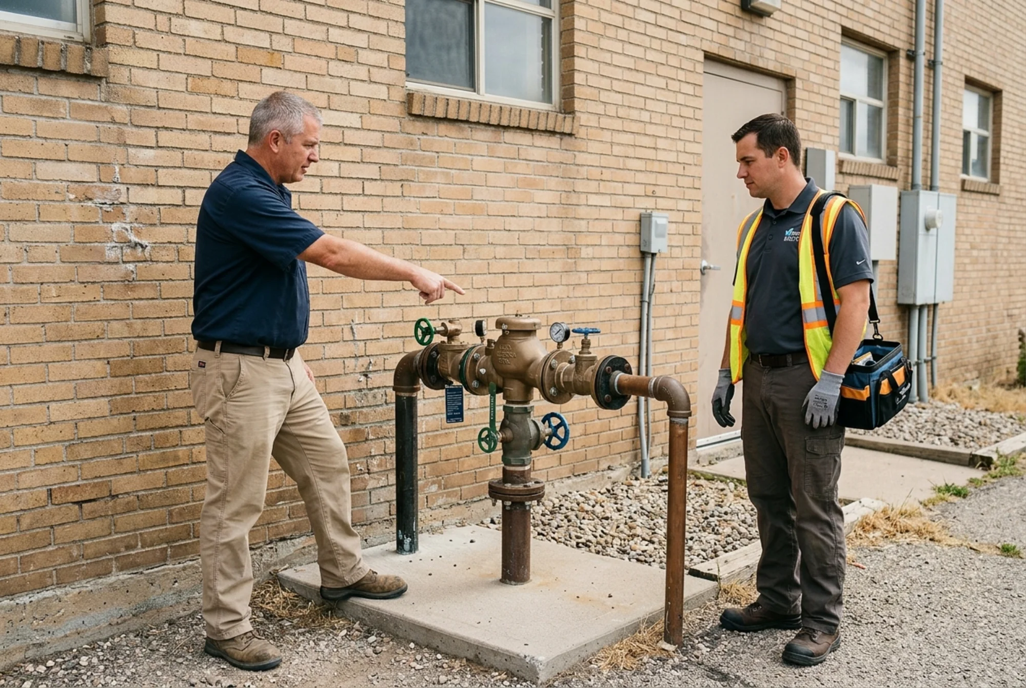 Property owner pointing out an outdoor backflow preventer assembly to a tester near the side of a building
