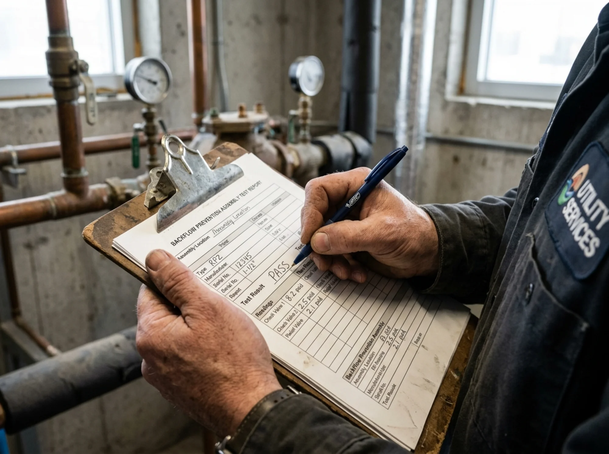 Close-up of a tester's hands writing results on a backflow test report form clipped to a clipboard