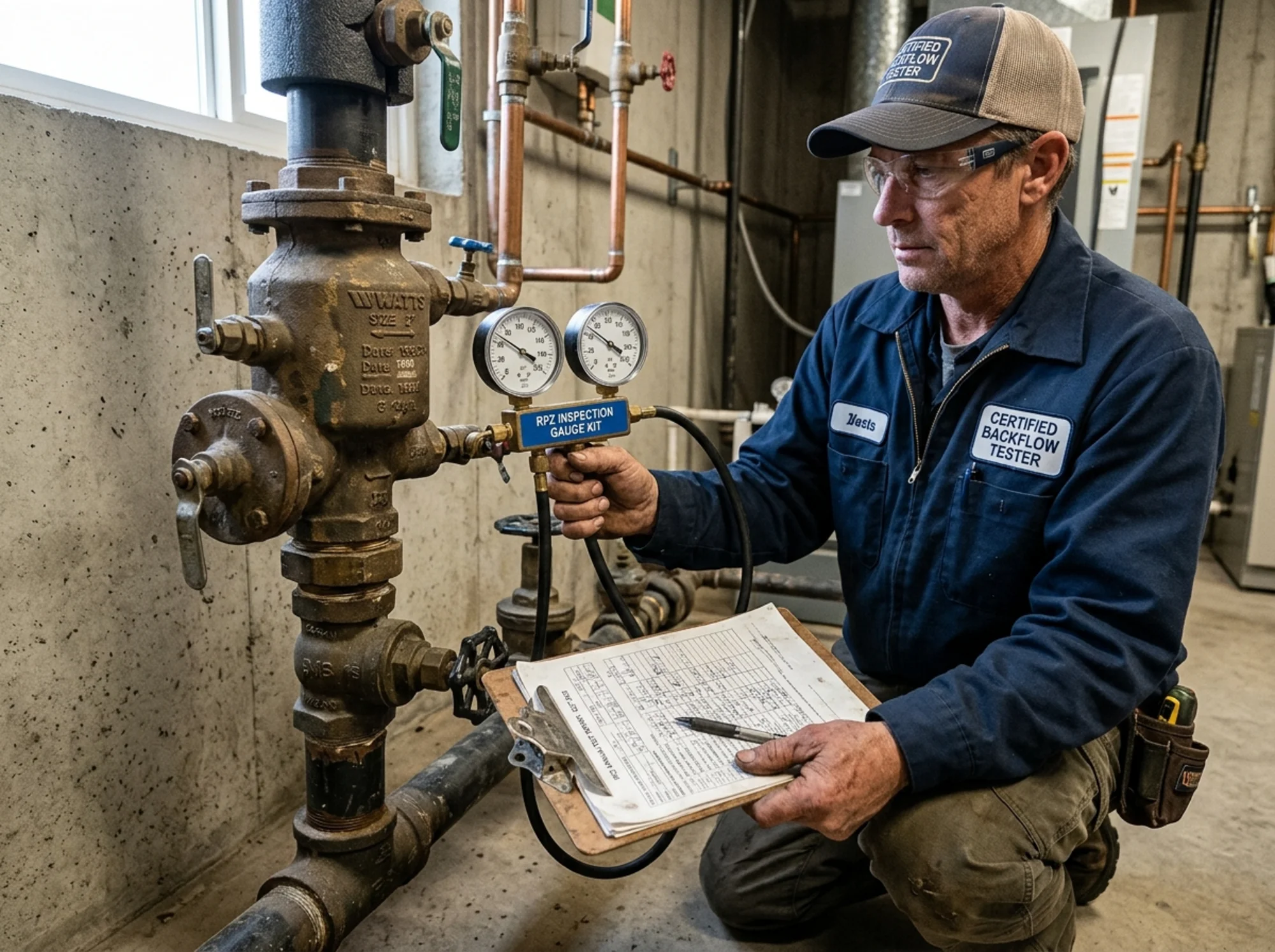 Certified backflow tester inspecting an older RPZ assembly with gauges and maintenance notes