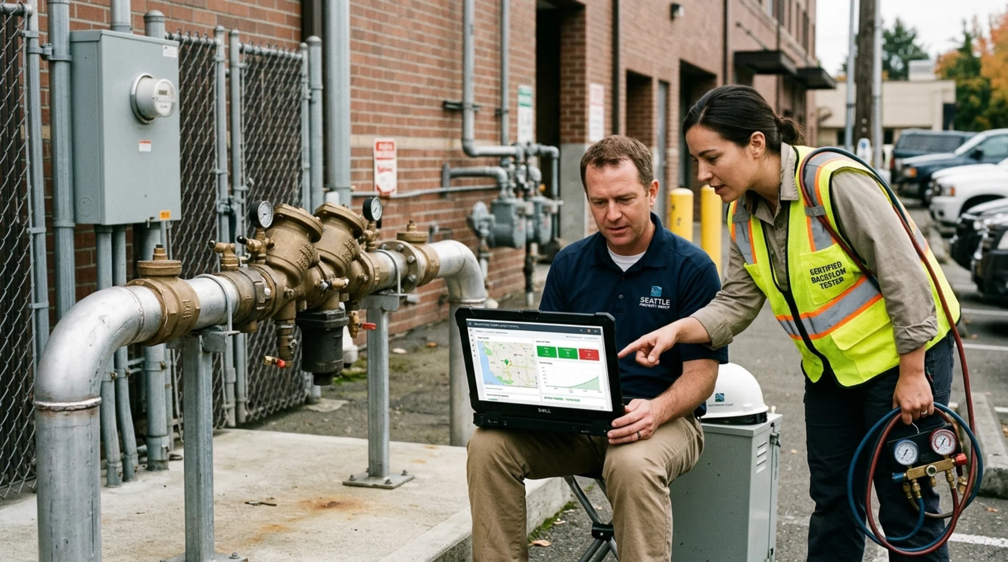 Property manager reviewing a backflow compliance dashboard with a tester at a commercial water service entrance