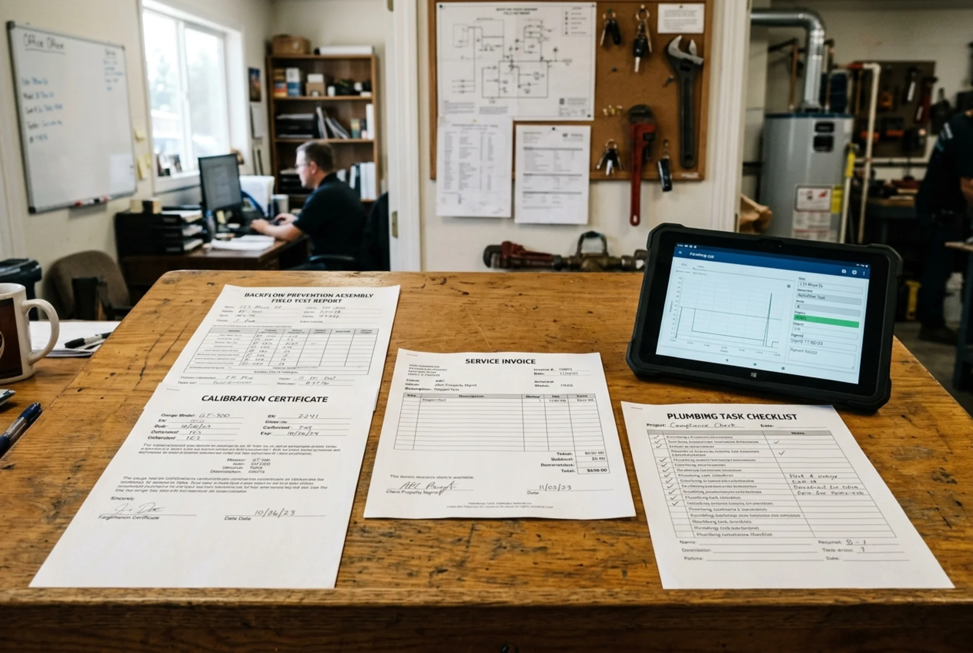 close-up of organized compliance paperwork including a backflow field test report, calibration certificate, service invoice, and task checklist beside a tablet