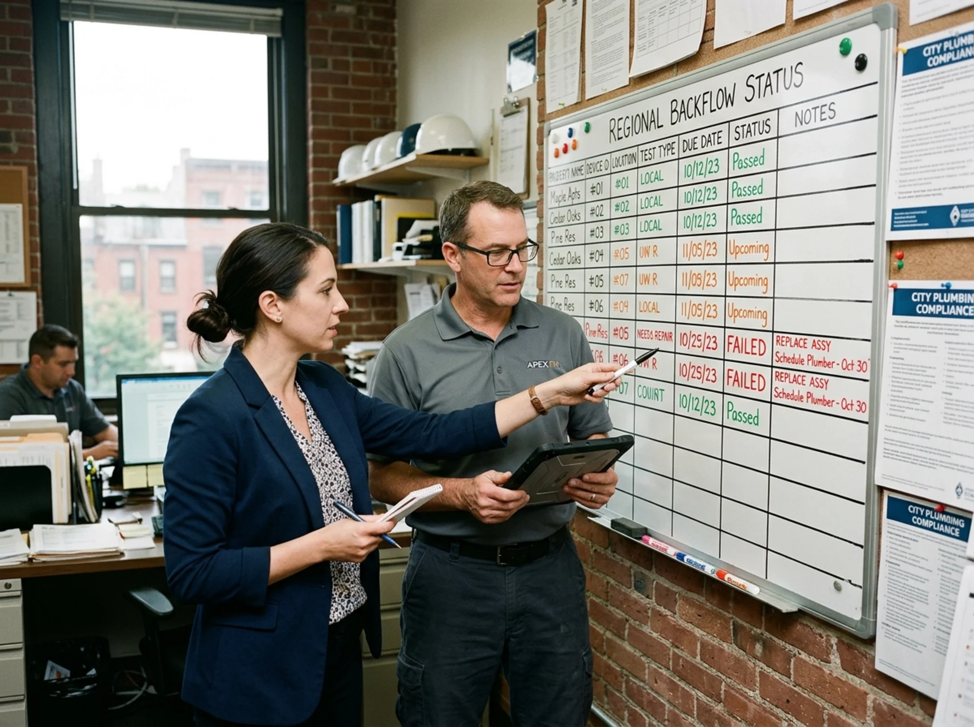 regional property manager and facilities coordinator reviewing a multi-property backflow status board with color-coded due dates and repair tasks