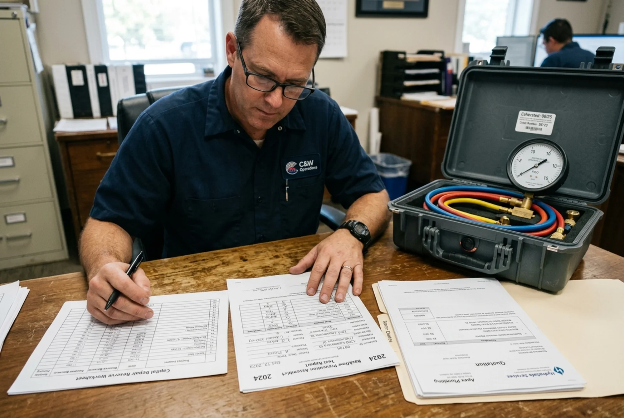 Realistic close-up photo of a property operations manager reviewing backflow test reports, a repair reserve worksheet, and tester quotes beside a calibrated differential pressure gauge case, natural indoor lighting, no text overlay