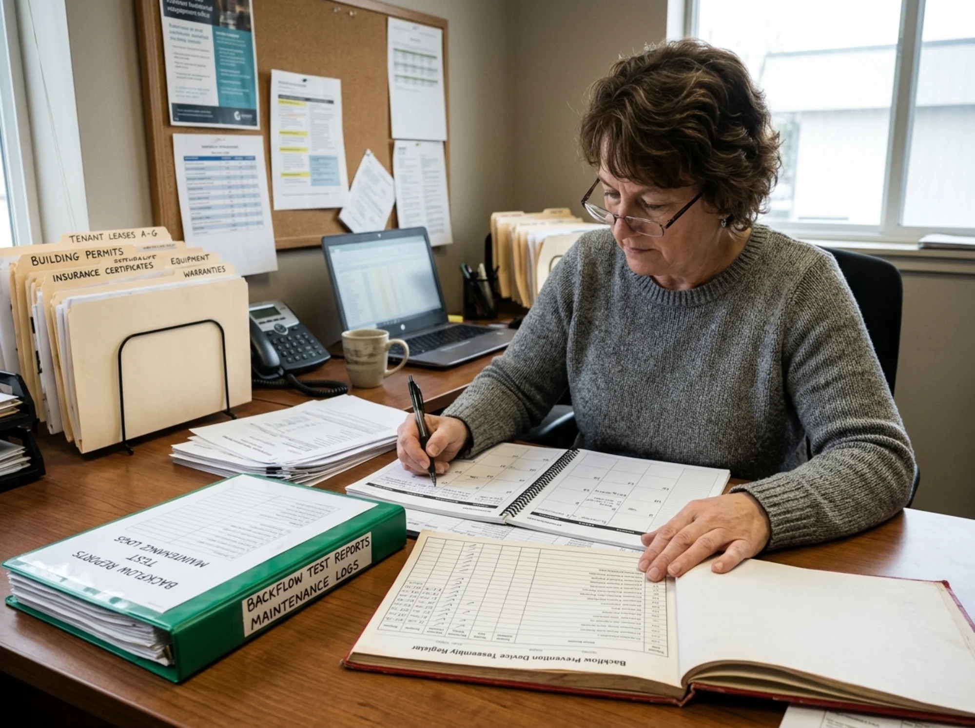 Documentary-style realistic photo of a property manager updating a compliance calendar and assembly register after a completed backflow test, with organized folders and a labeled report binder on a desk, natural office lighting, no logos or text