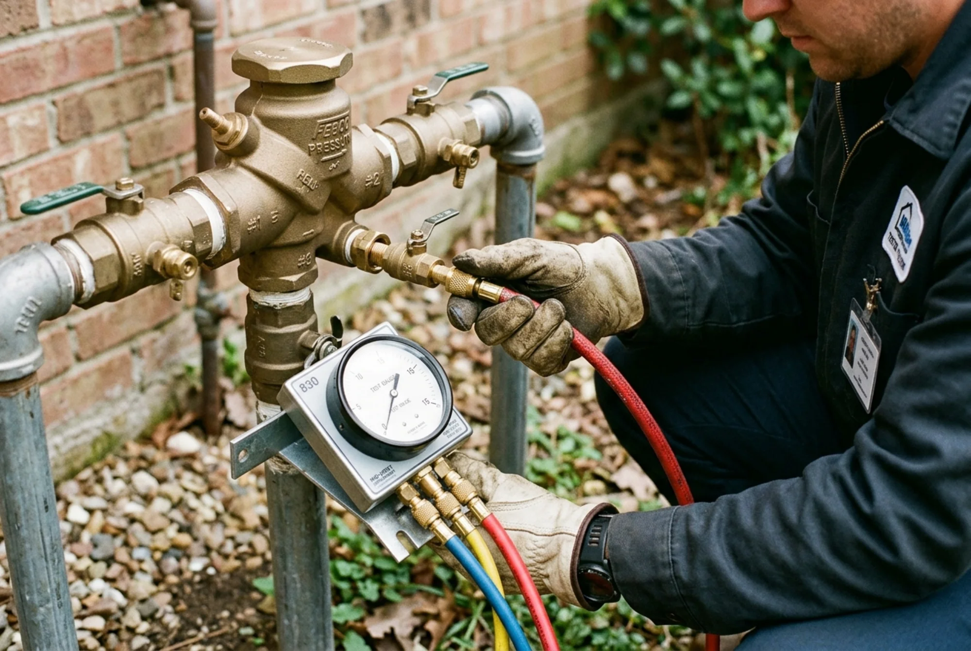 Realistic close-up photo of a certified backflow tester connecting a calibrated differential pressure gauge kit to an outdoor RPZ assembly, hands and test cocks visible, natural lighting, no brand names or text overlay