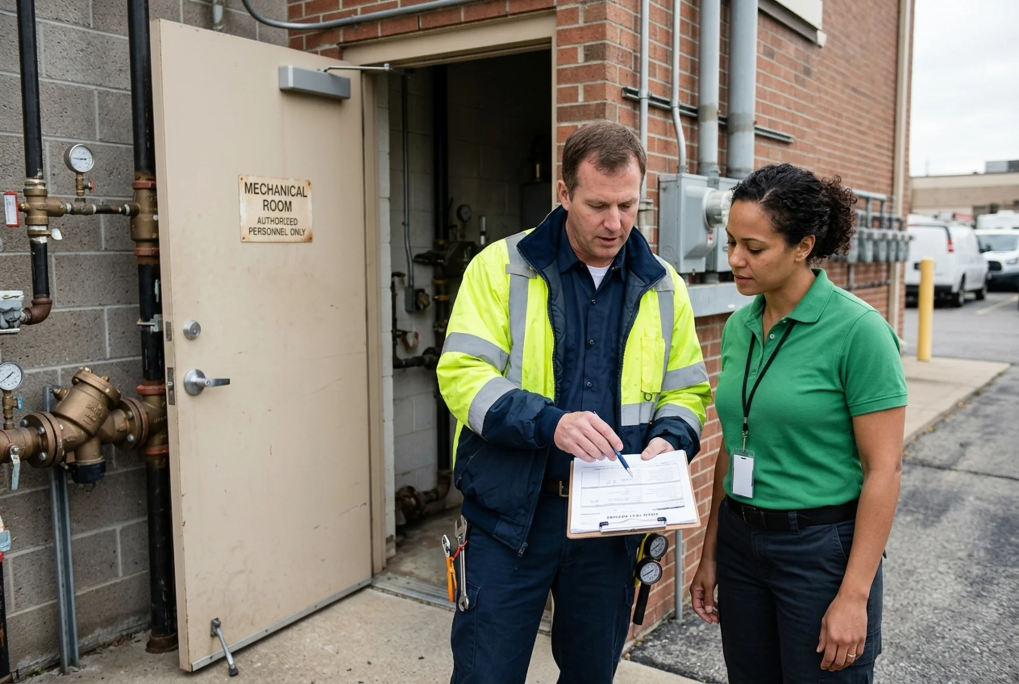 Realistic photo of a certified backflow tester reviewing a completed field test report with a facilities coordinator near a commercial mechanical room entrance, natural lighting, no text overlay, no visible logos