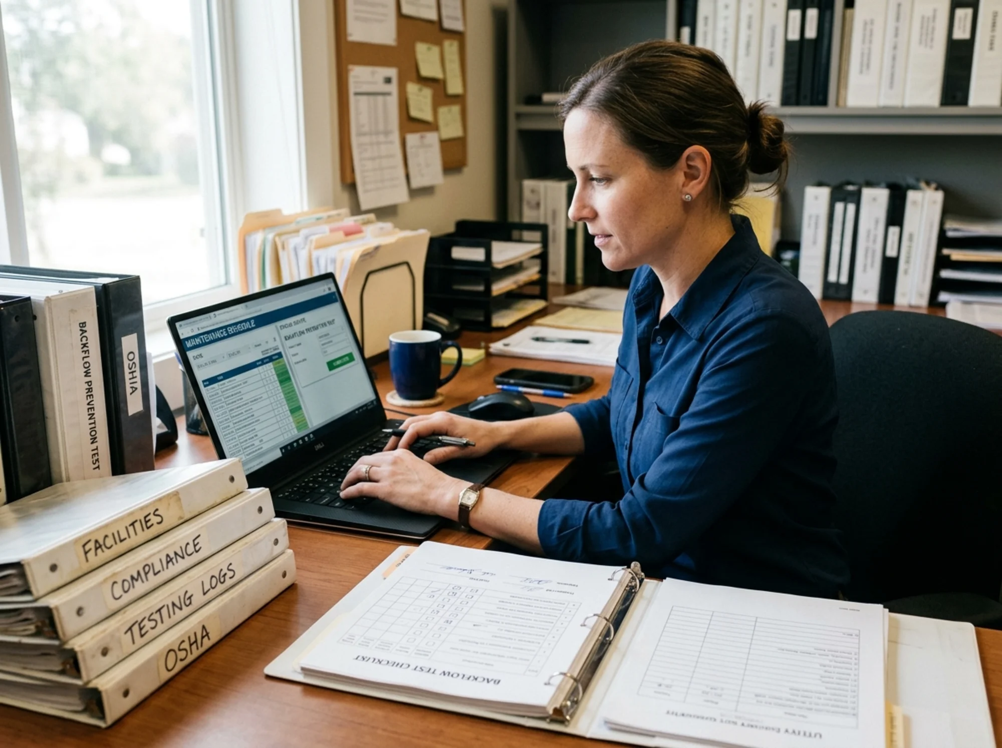 Realistic photo of an operations manager updating a digital maintenance calendar and document checklist after a backflow test, with binders, laptop, and utility paperwork on a desk under natural office lighting, no text overlay, no visible logos