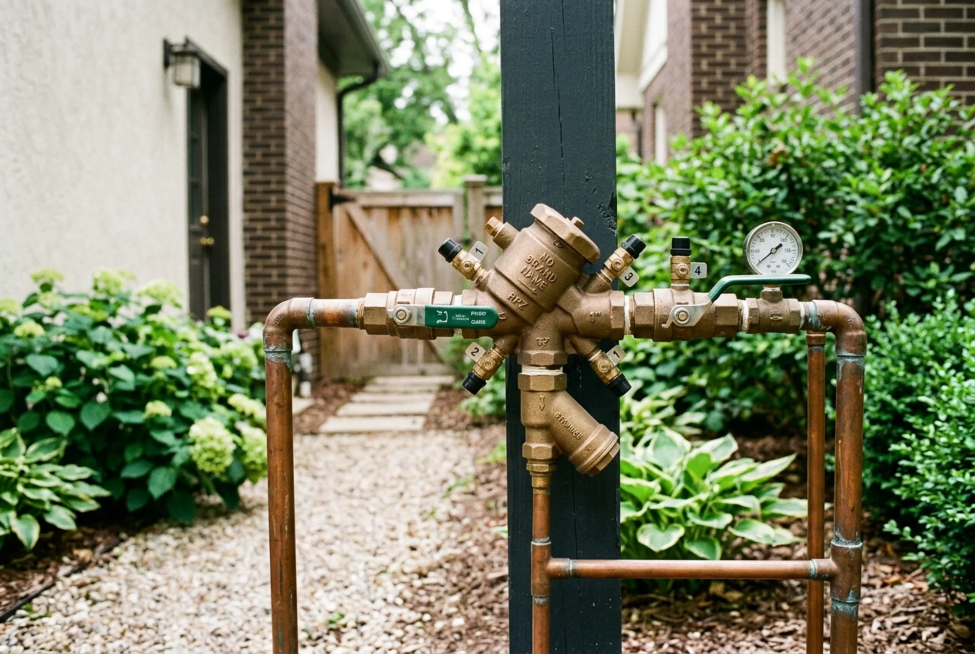 Realistic close-up photo of an above-grade irrigation backflow assembly beside a side yard or service entrance, with shutoff valves and test cocks clearly visible, natural lighting, residential property context, no brand names