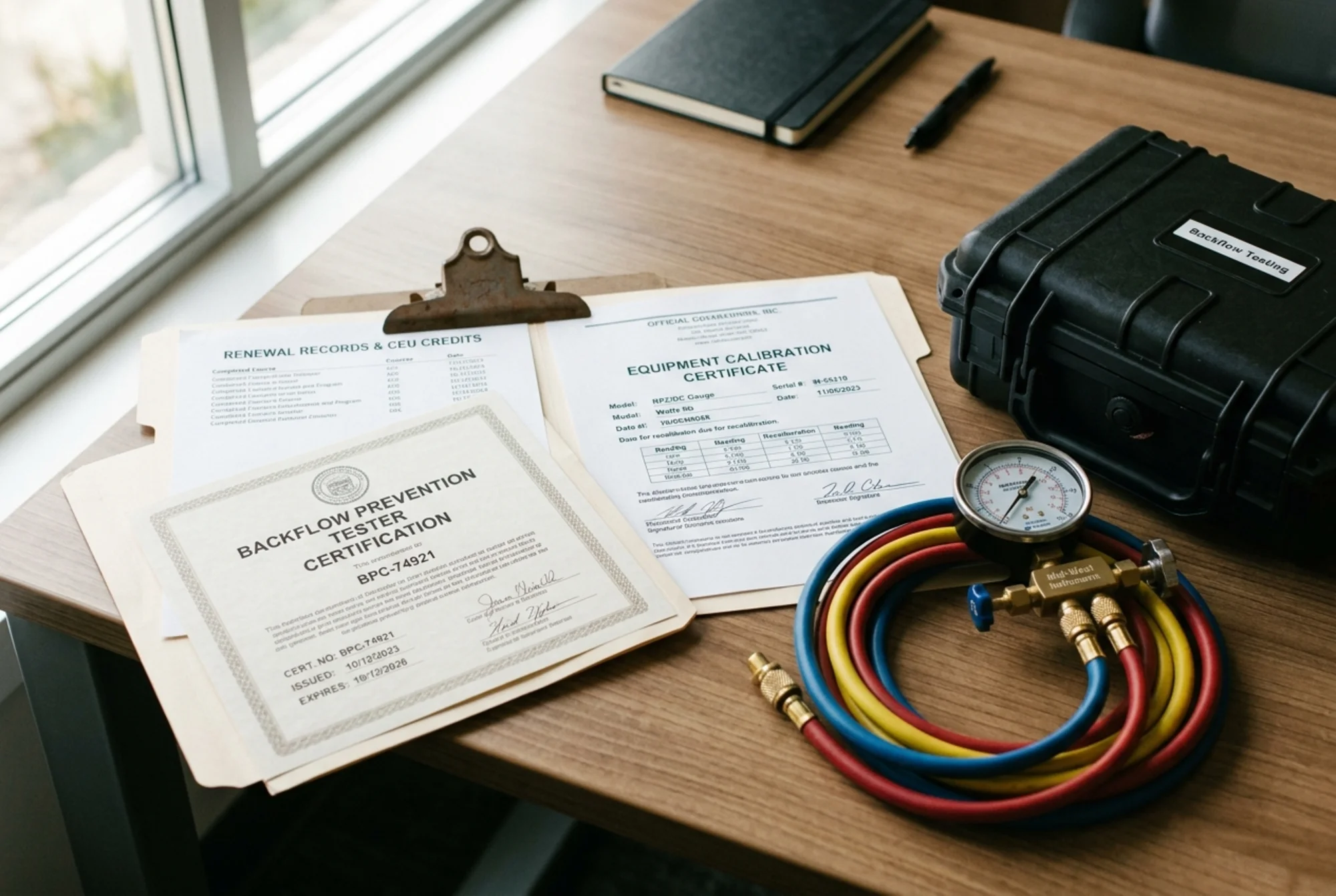 Close-up of a provider desk with certification documents, renewal records, a calibration certificate, and a backflow test kit ready for a profile update