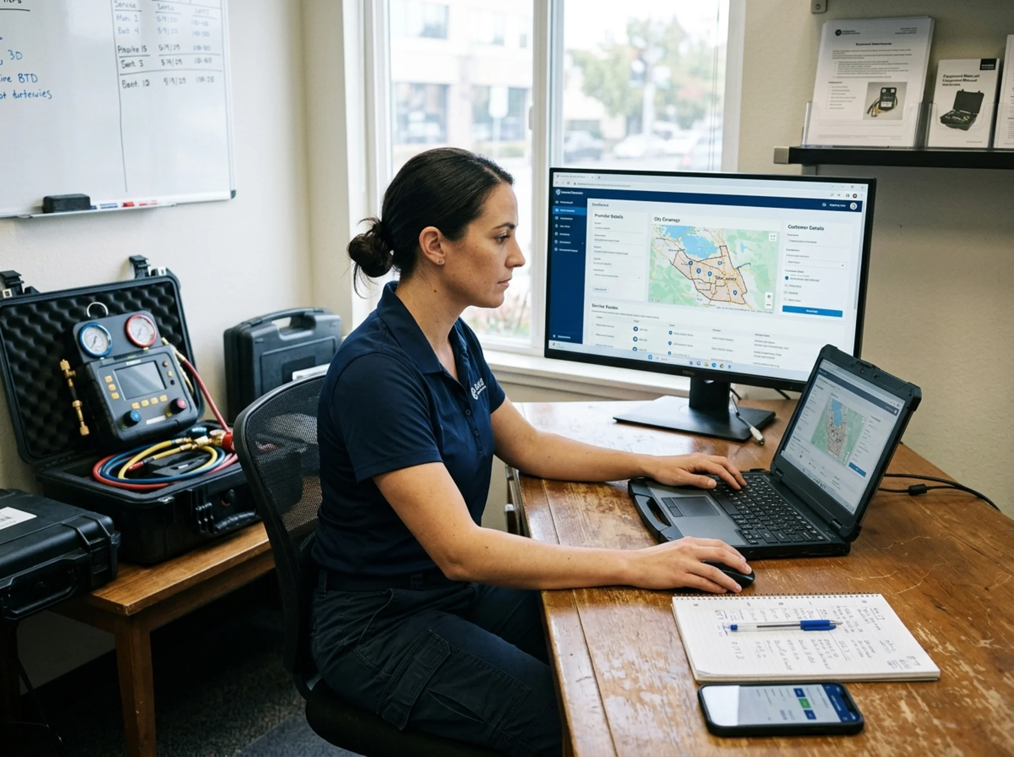 Provider updating city coverage, phone details, and profile information on a dashboard while planning service routes across nearby metro areas