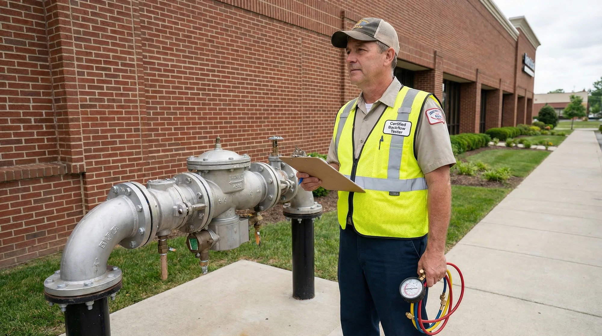 Certified backflow tester arriving at a property to inspect an outdoor backflow prevention assembly