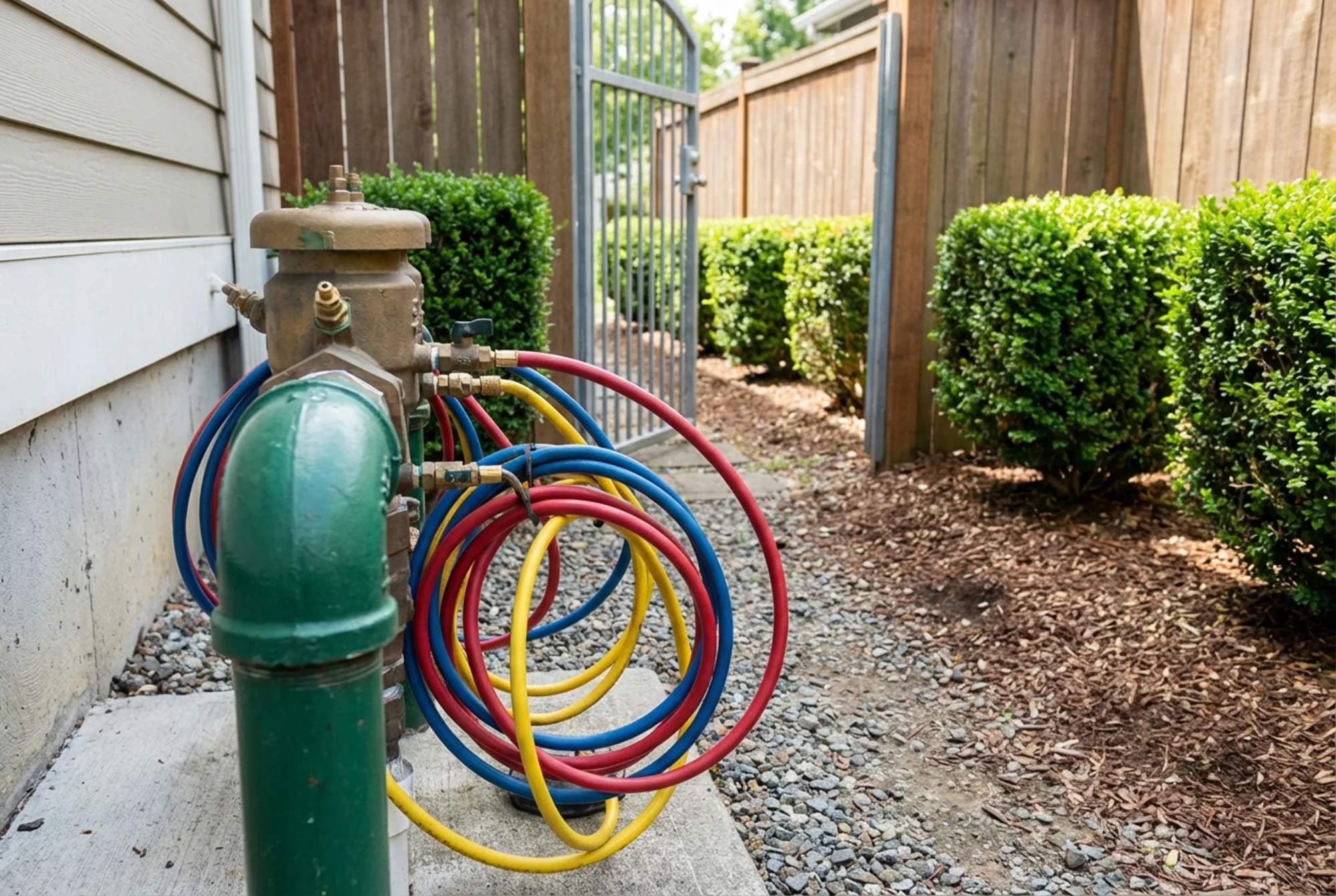 Accessible outdoor backflow preventer with open working space and test equipment attached