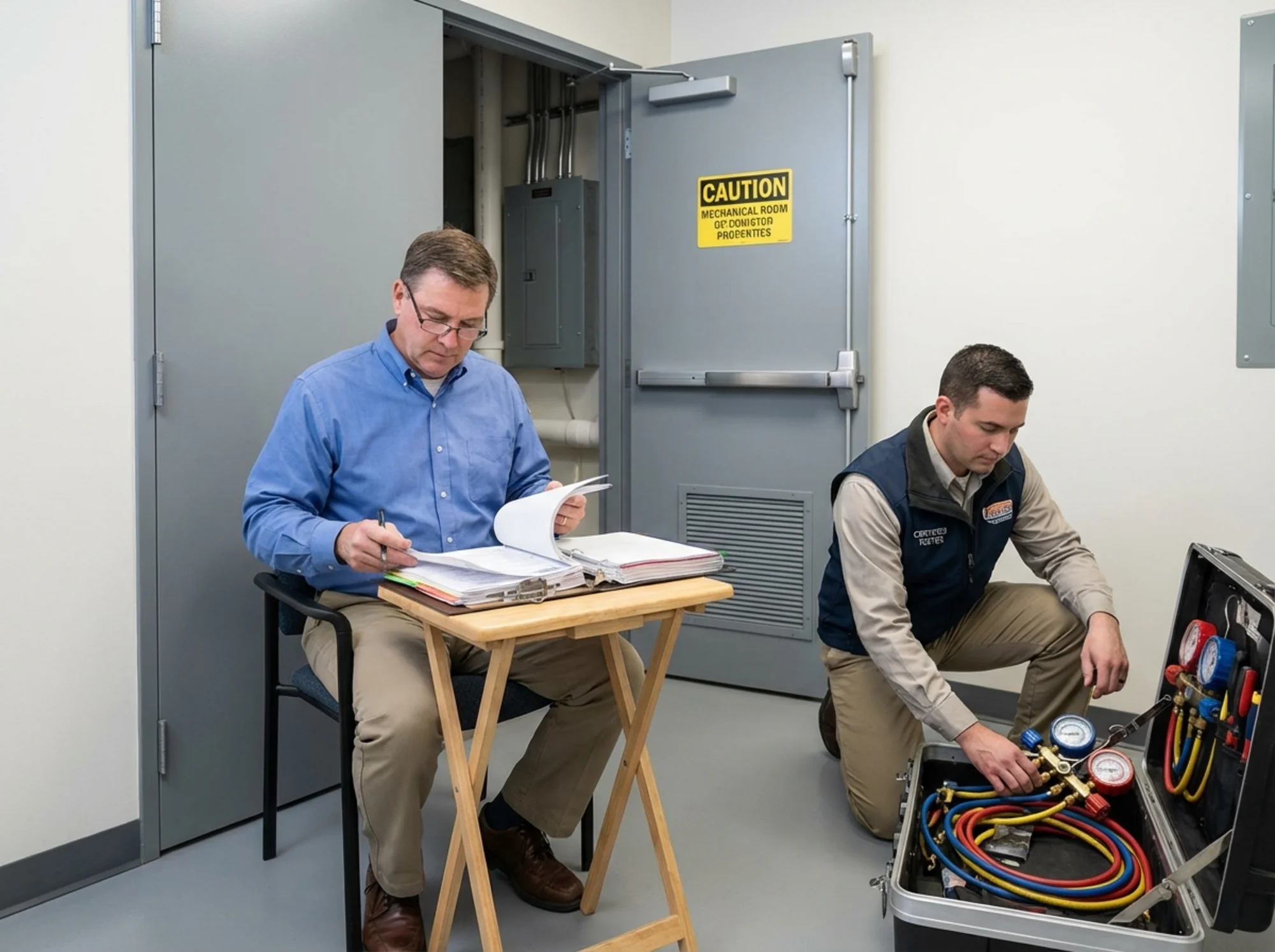 Property owner reviewing backflow paperwork while a tester prepares equipment nearby