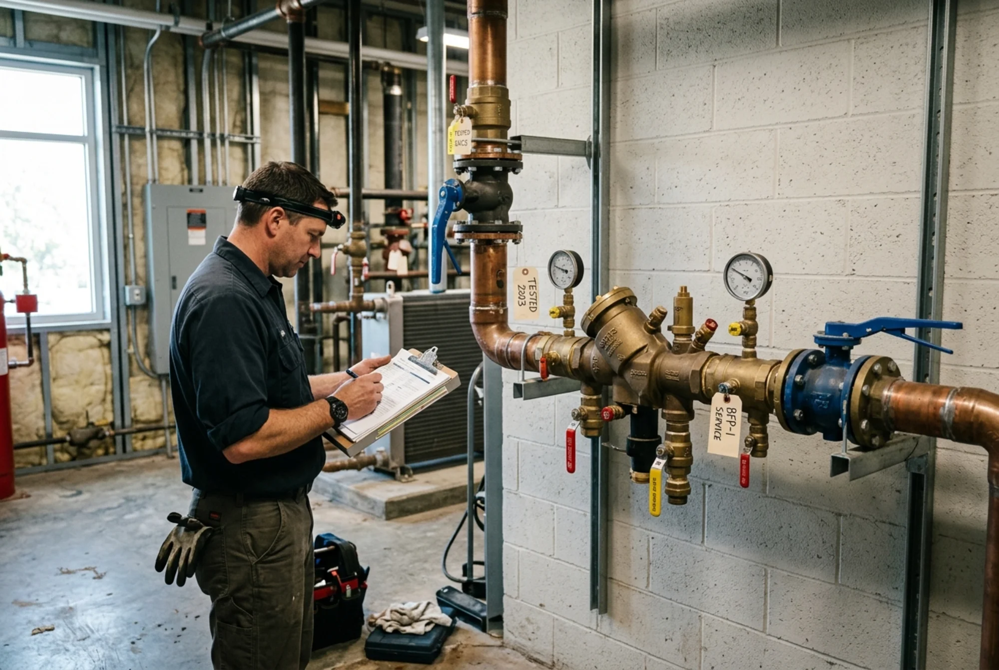 Realistic commercial mechanical room with visible backflow assembly, shutoff valves, and clear working access while a technician checks model details and prior test paperwork on a clipboard, natural indoor lighting, no logos or text overlay