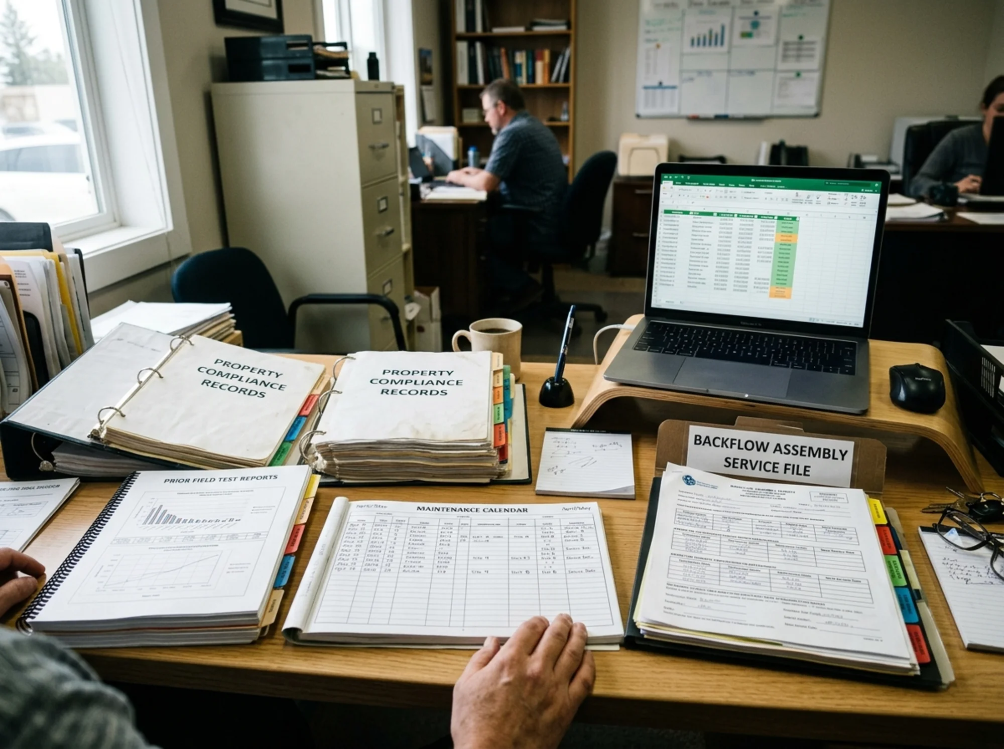 Documentary-style realistic photo of organized property compliance records, prior field test reports, and a maintenance calendar beside a laptop and backflow assembly service file for a multi-property manager, natural office lighting, no logos or text