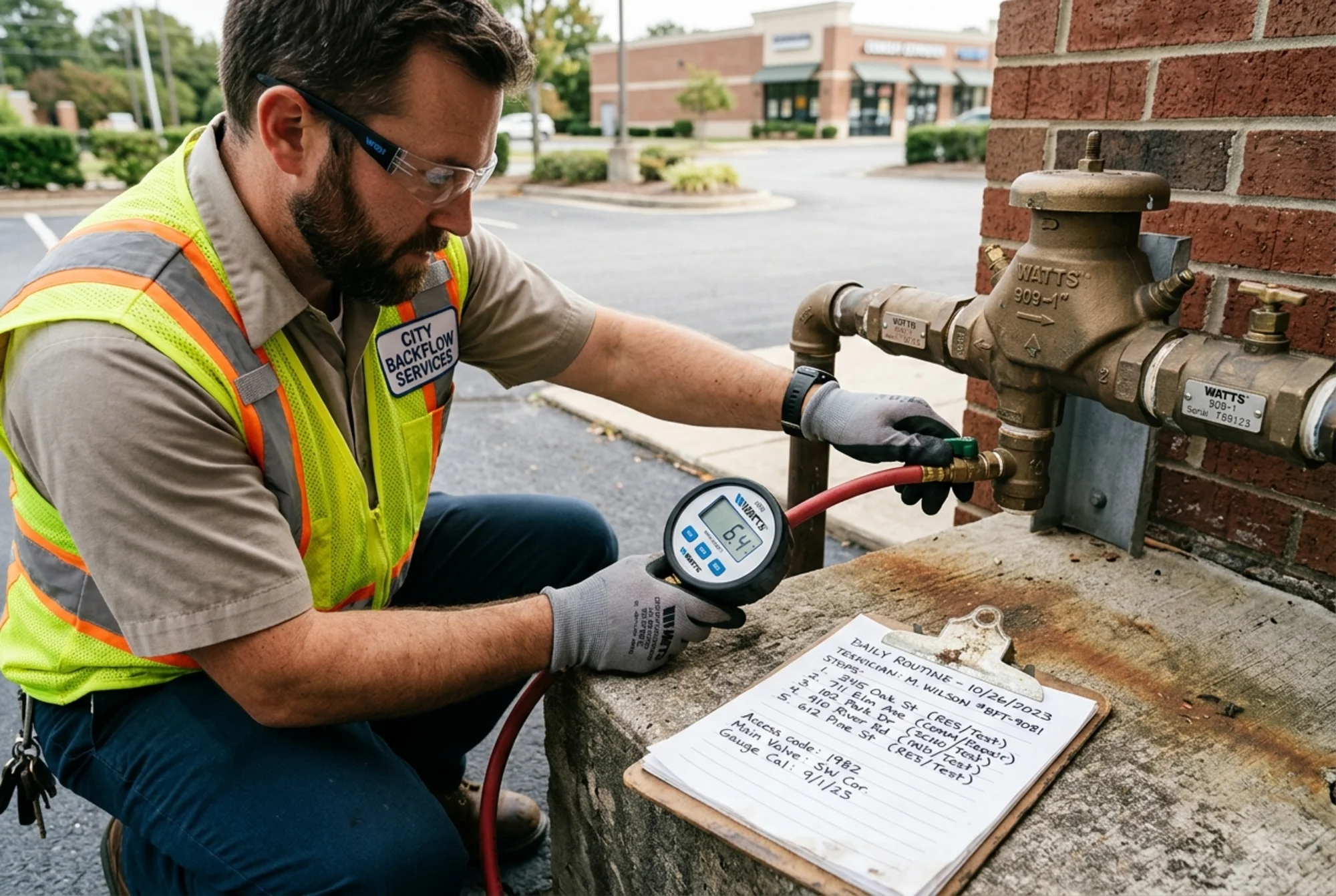 Realistic close-up photo of a certified backflow tester connecting a differential pressure gauge to an outdoor assembly while a clipboard shows multiple scheduled property stops and utility notes, natural lighting, no text overlay
