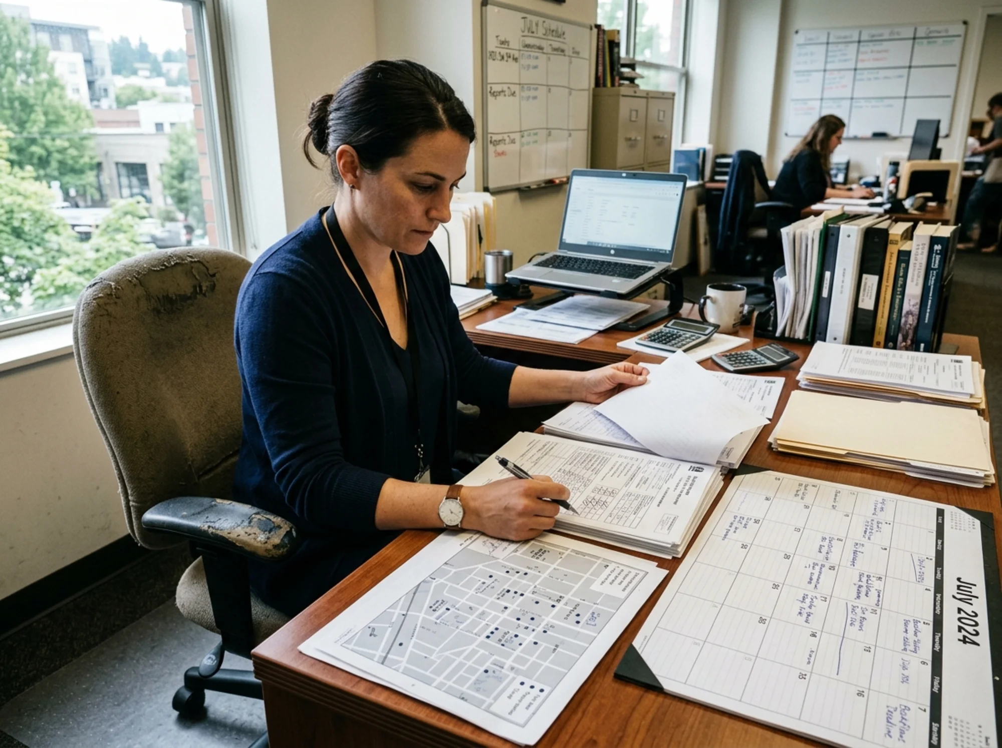 Documentary-style realistic photo of a property operations manager reviewing completed backflow test reports, a compliance calendar, and a map of multiple sites on a desk, natural indoor lighting, no logos or text