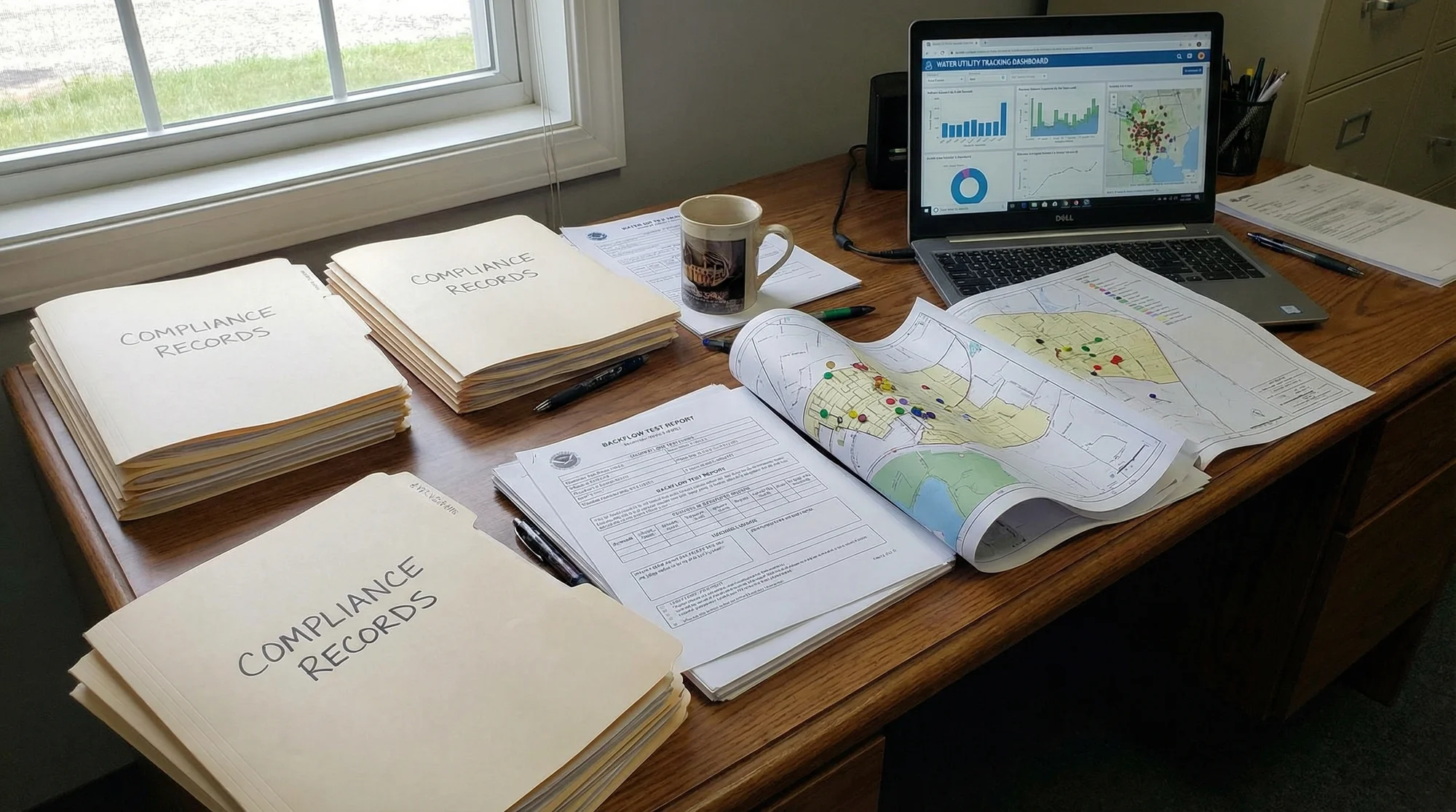 Utility compliance desk with backflow test reports, records, and a tracking dashboard