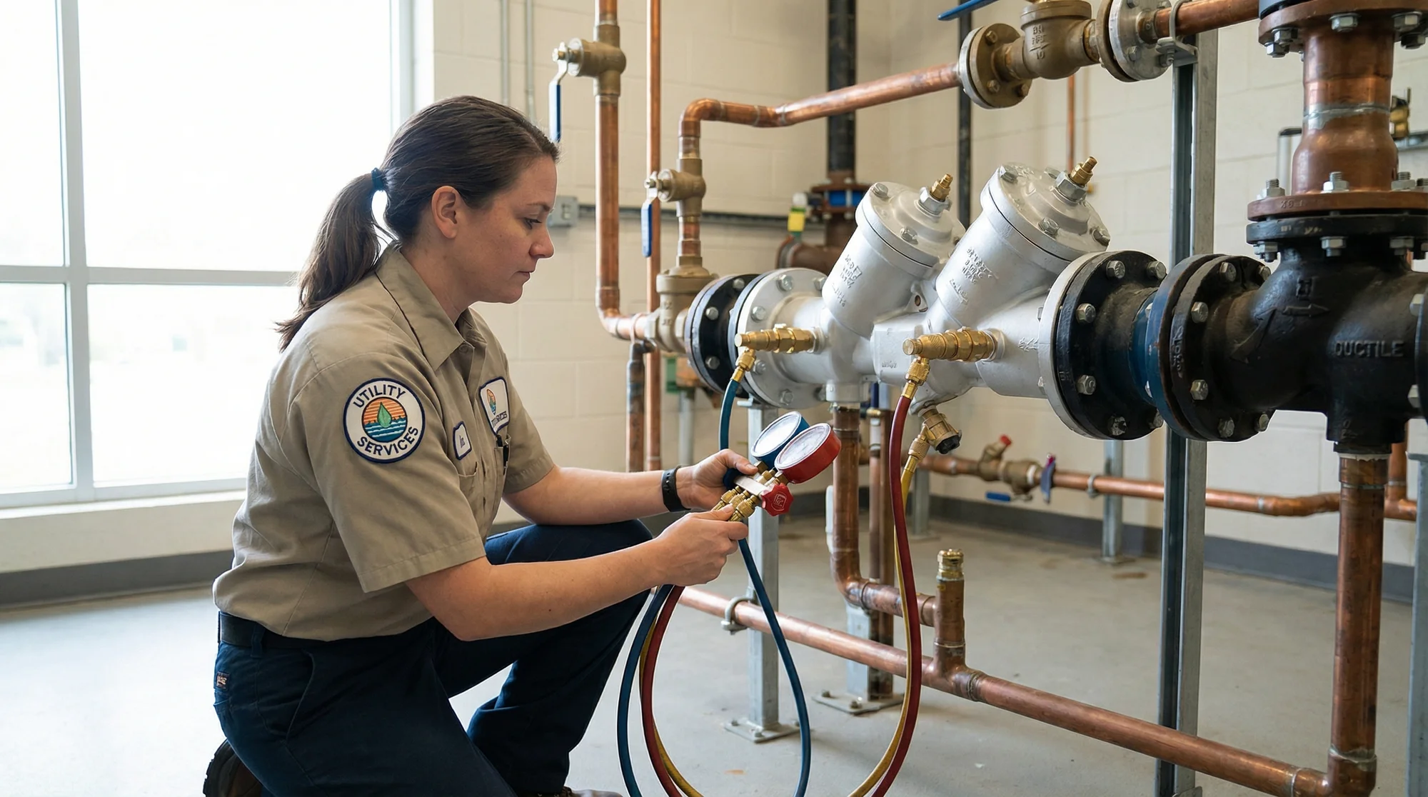 Certified backflow tester checking a backflow prevention assembly with test gauges