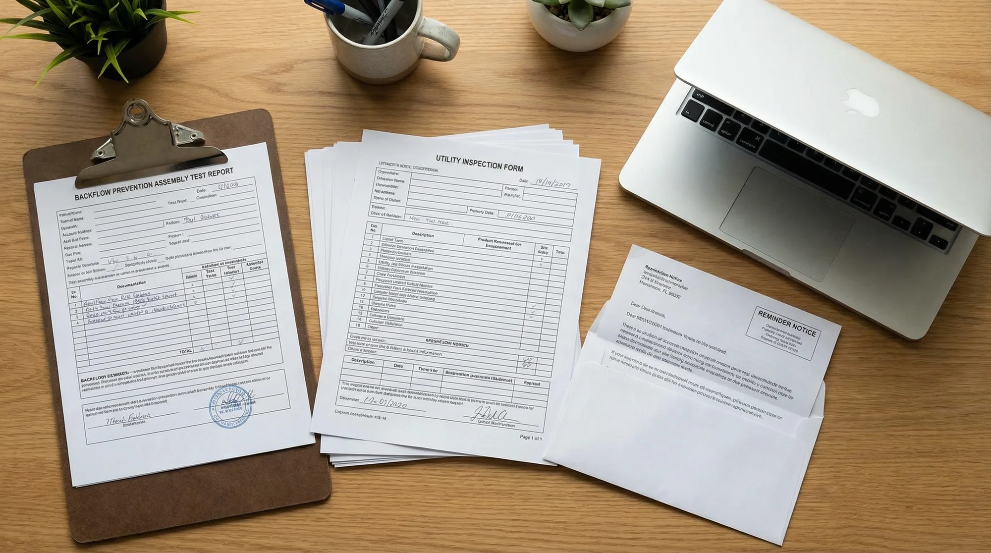 Organized backflow compliance paperwork with reminder notices and test records on a desk