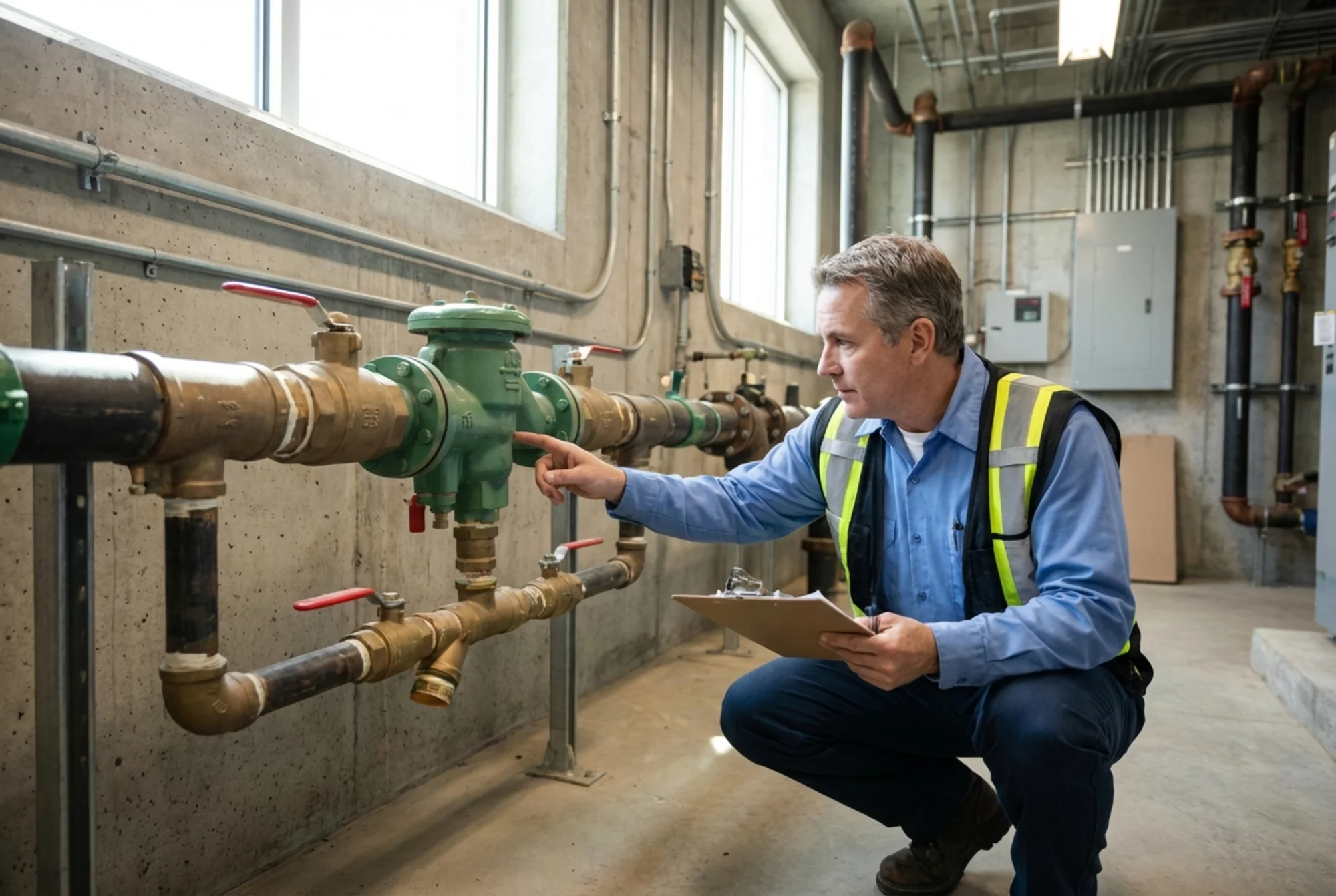 Technician reviewing a protected bypass arrangement in a commercial mechanical room