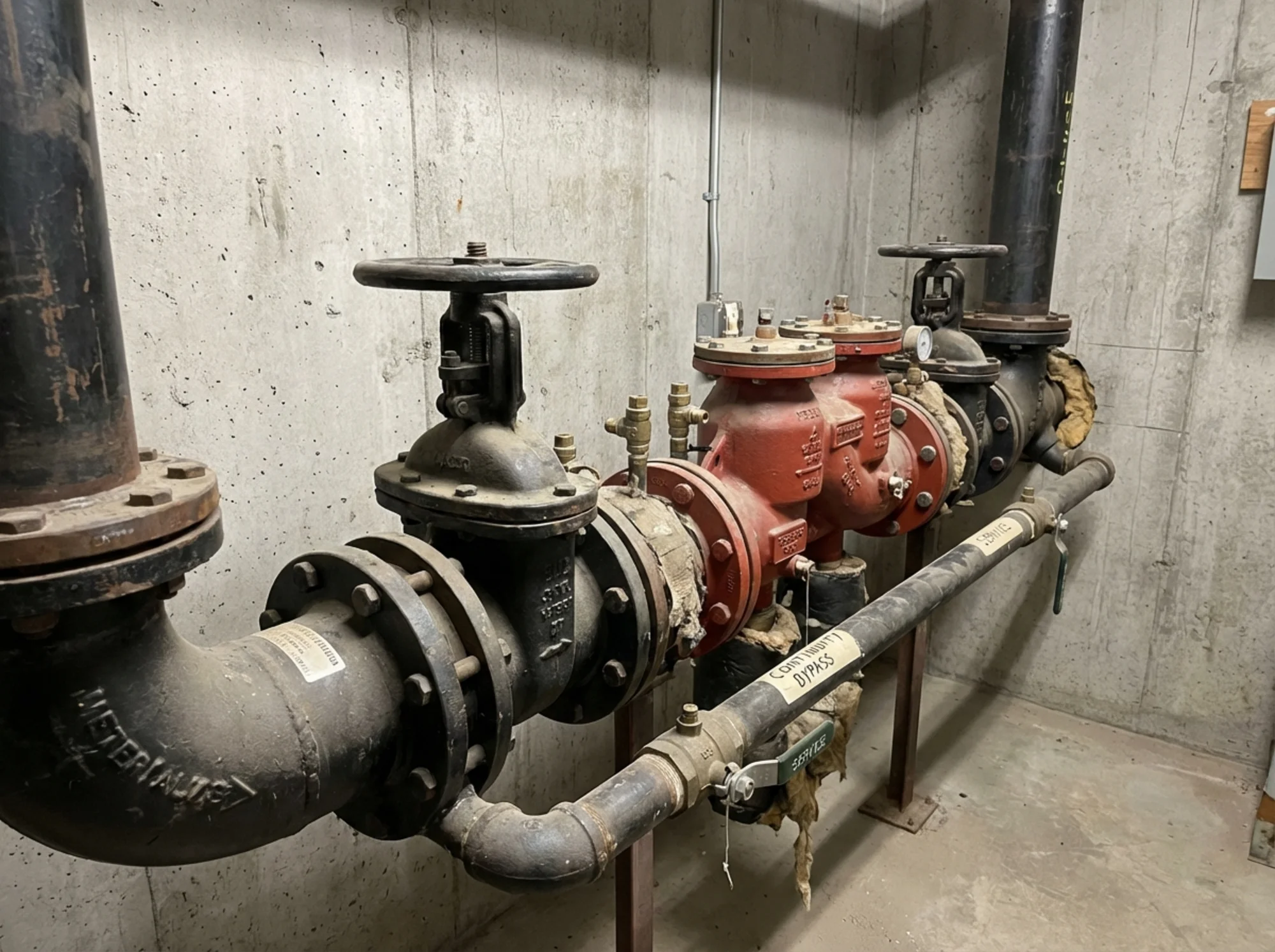 Large water service piping with parallel protected routing and accessible shutoff valves
