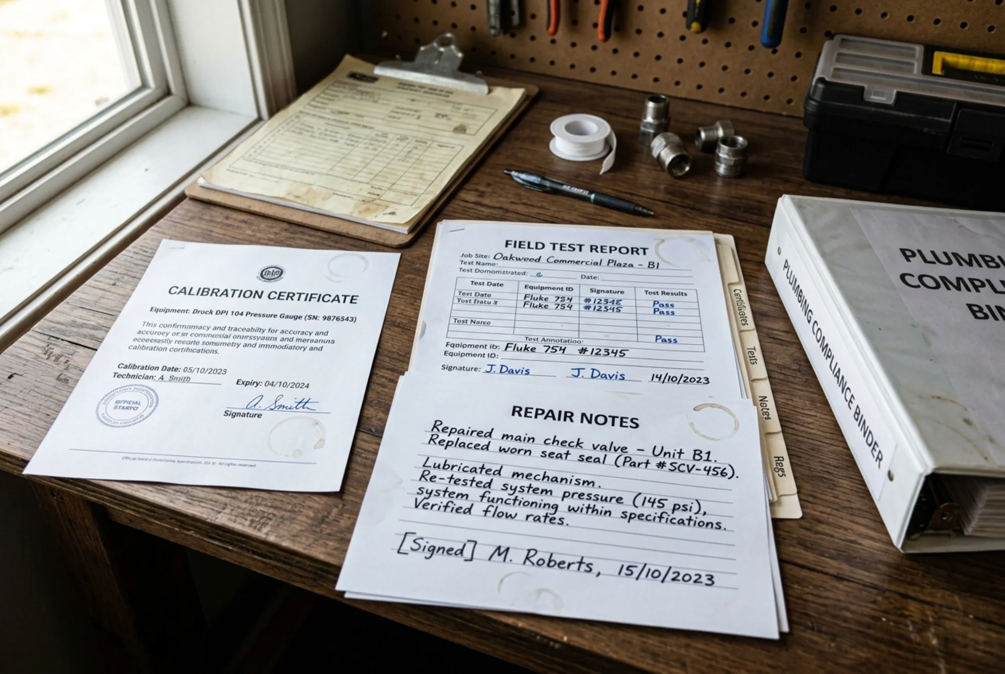 Documentation scene on a desk with a completed field test report, repair notes, calibration certificate, and compliance binder neatly organized
