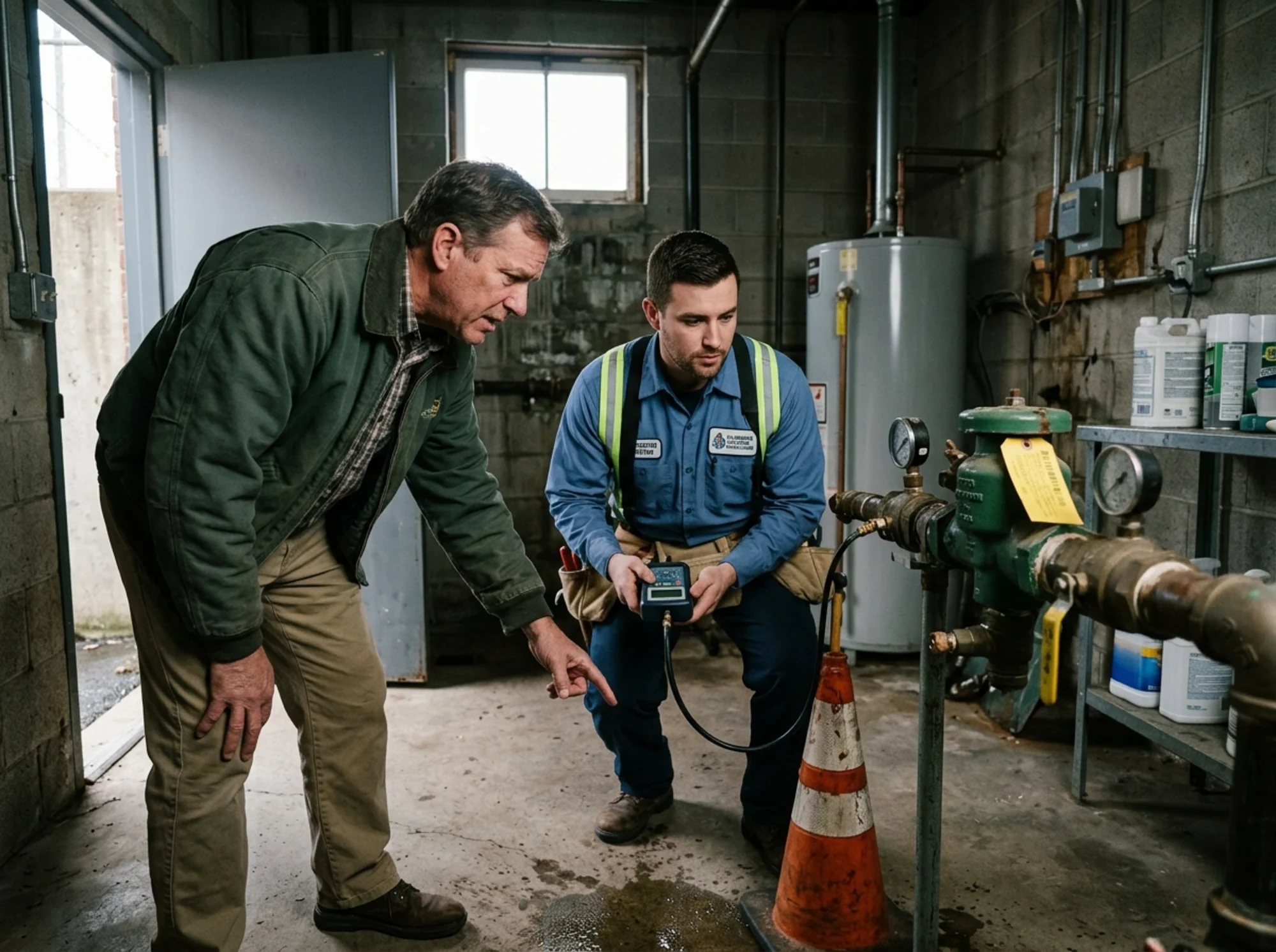 Property owner and a certified backflow tester reviewing an assembly together in a mechanical room or near a service entrance after a failed test or water incident