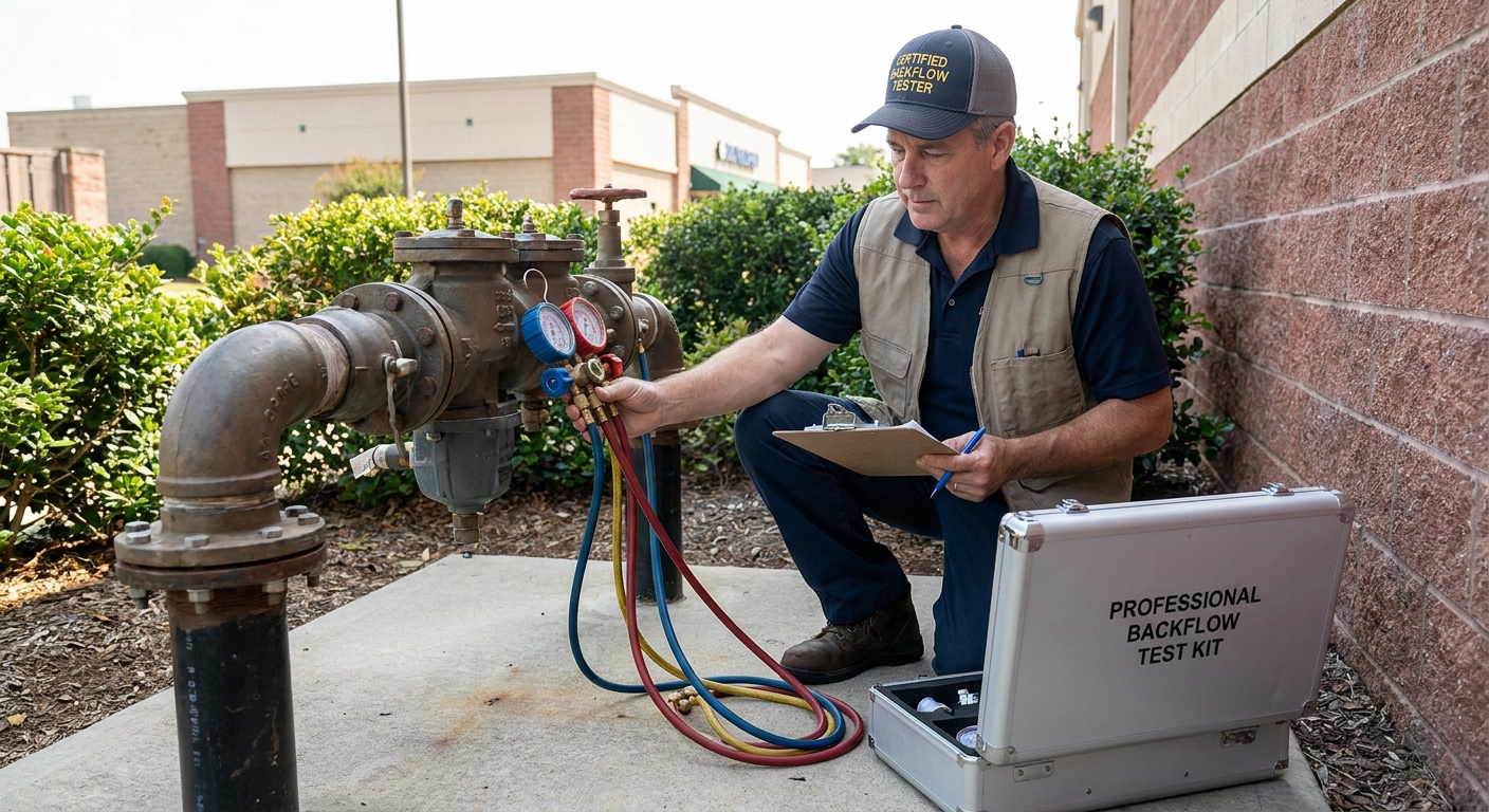 Backflow preventer assembly installed outside residential property