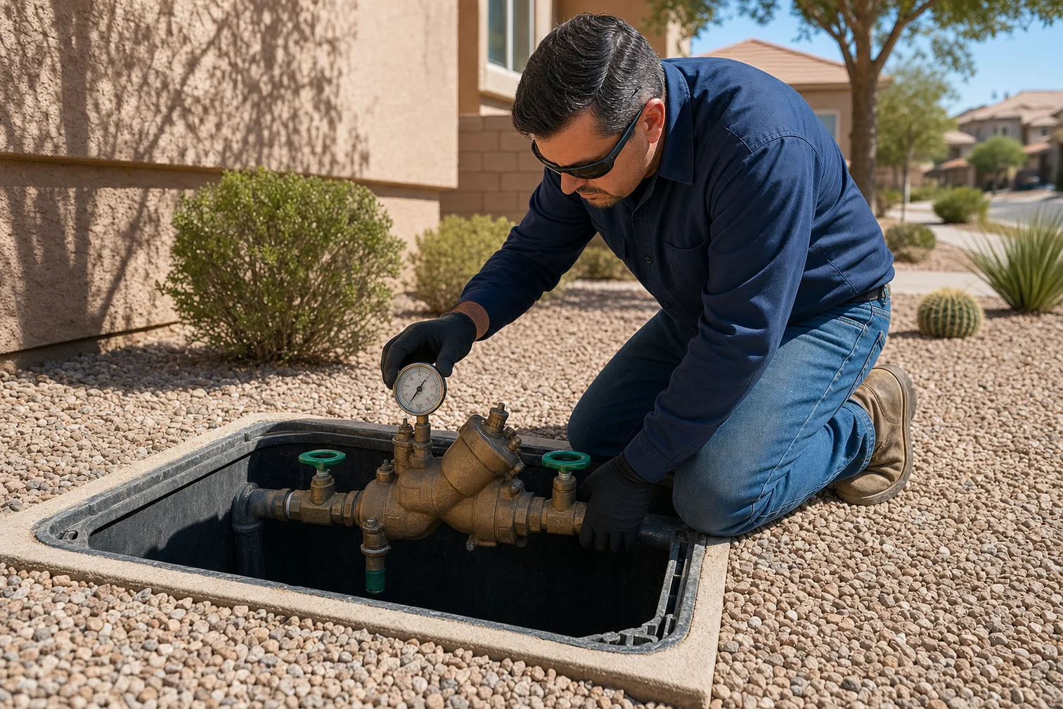 Certified technician testing a backflow prevention assembly on a commercial property in Las Vegas, Nevada