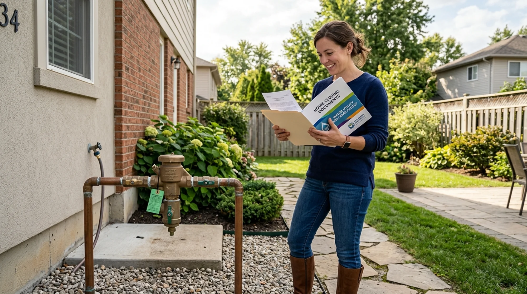 new homeowner reviewing utility paperwork beside an outdoor residential backflow preventer