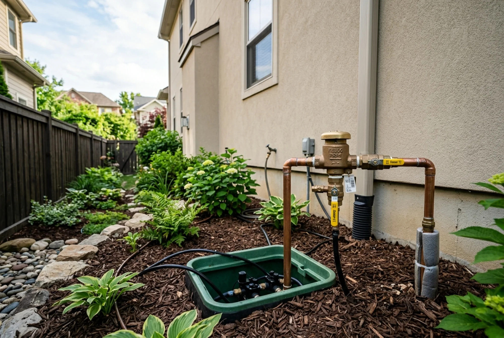 Residential irrigation system with a clearly visible backflow preventer near the water service line in a landscaped side yard
