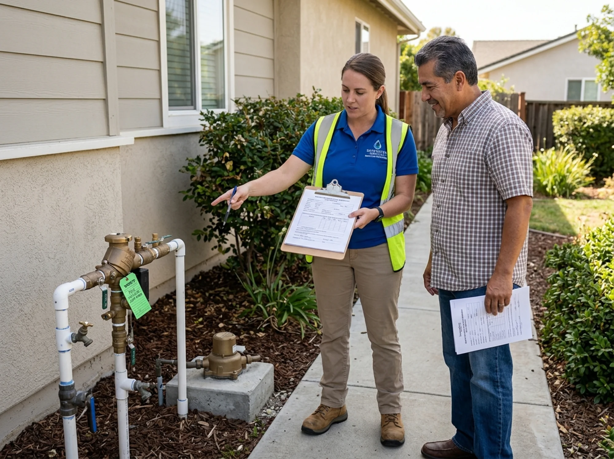 Homeowner and certified tester reviewing a completed backflow test report beside a residential water meter and assembly after a successful inspection